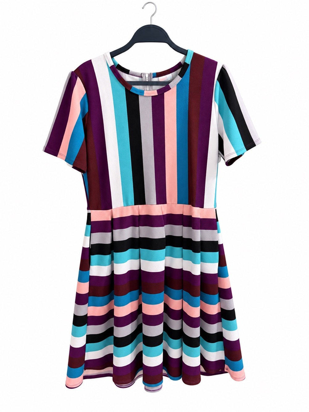 LuLaRoe woman’s Striped Short Sleeve Dress in Purple, Teal, Pink, Black & White